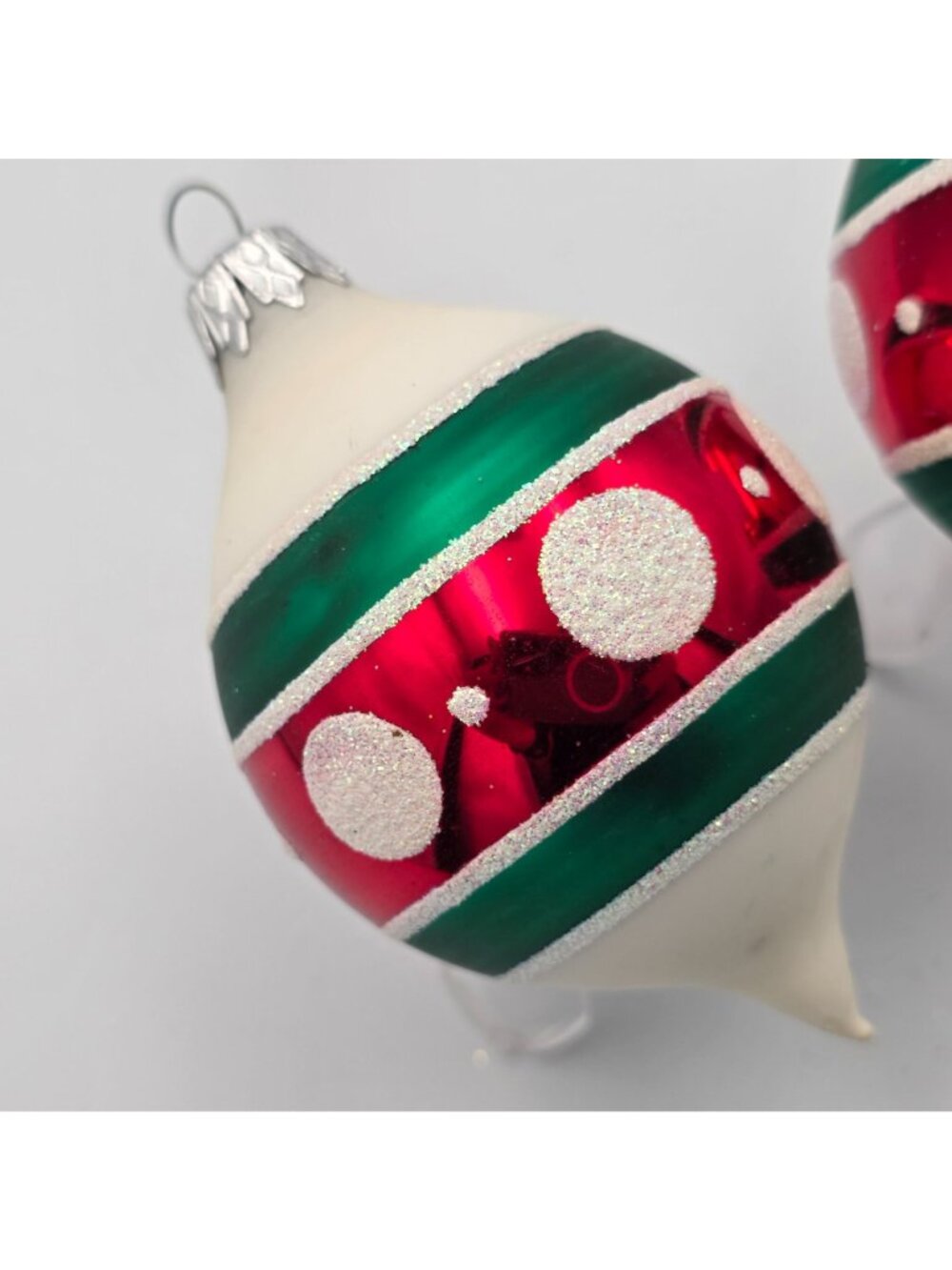 Vintage Glass Christmas Ornaments Red & Green With Glitter Polka Dots Teardrop - Picture 2 of 8
